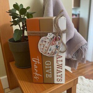 Cozy Farmhouse Fall “Always Give Thanks” Stacked Book Decor with Pumpkin Charm